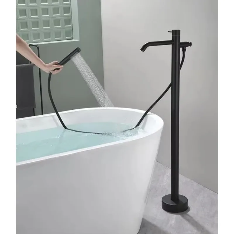 

Contemporary Matte Black Floor Mount Brass Single Handle Bathtub Faucets Tub Filler Freestanding Bathtub Faucet