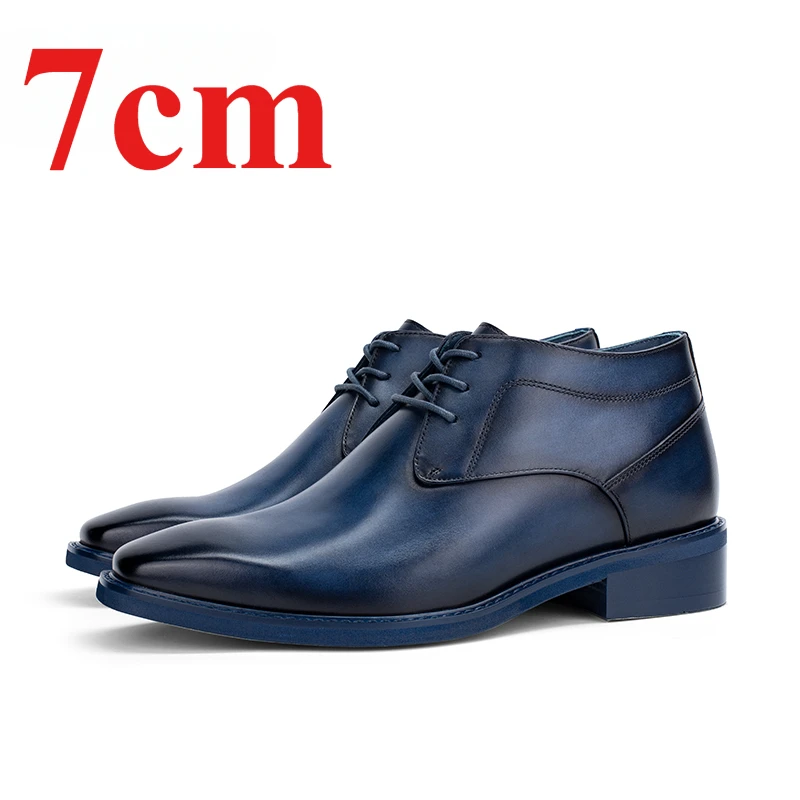 Invisible Heightening Shoes for Men Blue Canvas and Cowhide 7cm Increase Business Casual boots Genuine Leather Men's Dress Shoes