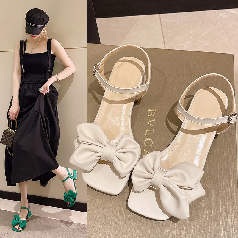 Large Solid Color Open-toe Sandals Women Summer New One-line Buckle Fashion Temperament Bow Knot Comfortable Women's Shoes