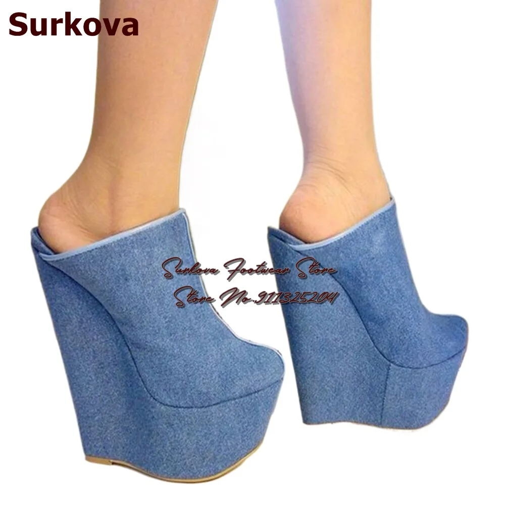 Surkova Blue Denim Wedged Heel Slip-on Slippers High Platform Women Sandals Sexy Nightlclub Dress Shoes Size46 Pumps Mules