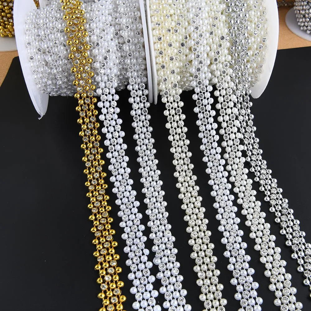 1Yard 15mm Width ABS Imitation Pearl Bead Flatback Chain Line Cord Thread Trim with Rhinestones for DIY Wedding Party Decoration