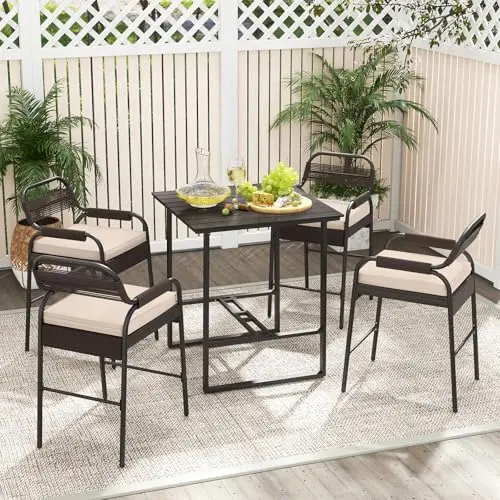 5 Pieces Patio Bar Set Rattan Wicker Dining Bistro Set with 4 Cushioned Stools & Bar Table, Counter Height, for Outdoor - view 4