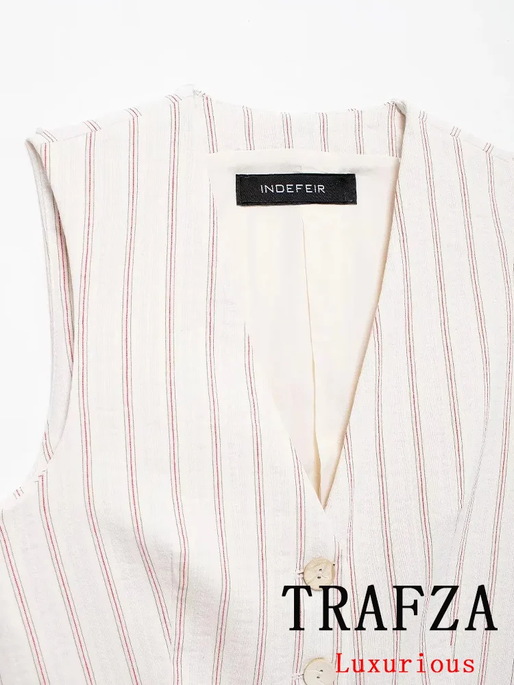 TRAFZA Vintage Suit Women Striped V Neck Button Sleeveless Blazer Zipper Straight Mini Skirts Fashion 2024 Autumn Office Sets