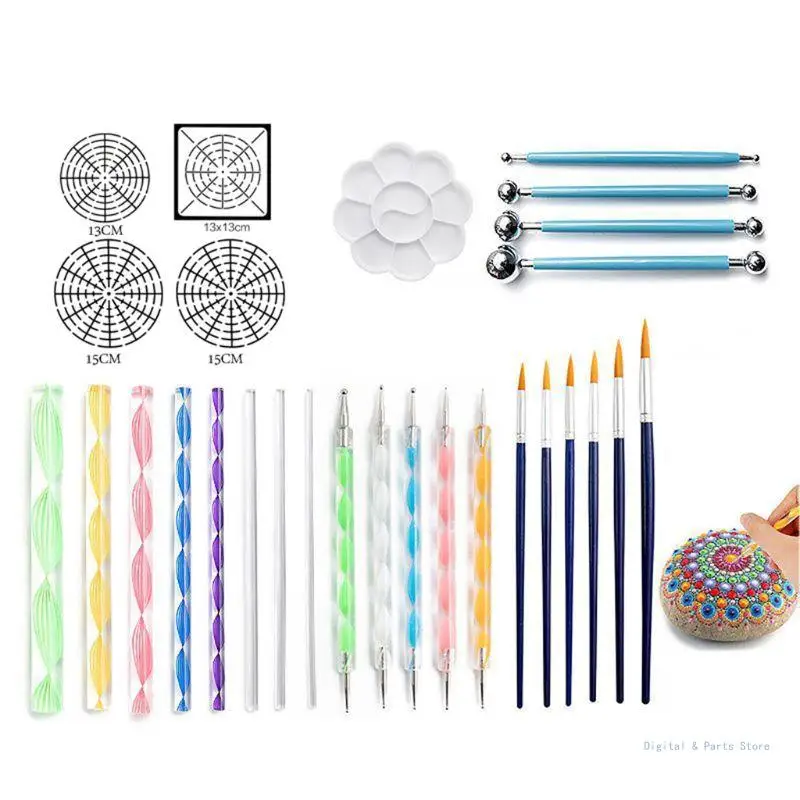 

M17F 28pcs Mandala Dotting Tools for Painting Rock Stone Pen Art Paint Stencil Brush Tray