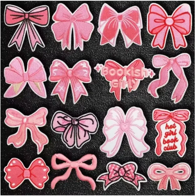 

1PCS Pink Bows Embroidered Patches Iron On Clothing Hat Bag Shoe Repair Material Phone Gift Box Decor DIY Accessory