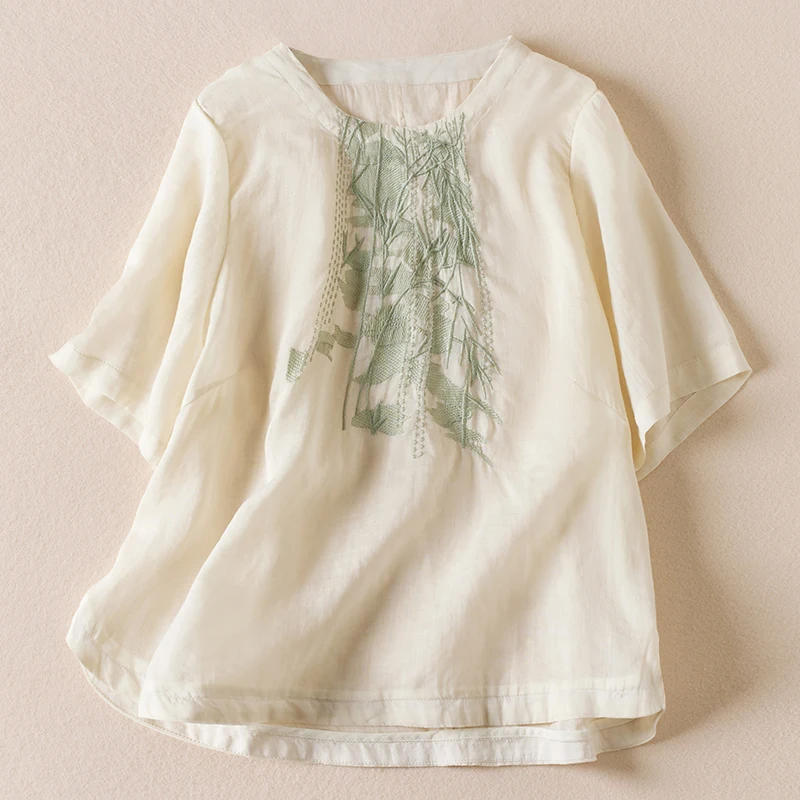 

Женская летняя художественная льняная футболка большого размера с вышивкой в стиле ретро, тонкая круглая футболка из смеси хлопка и льна