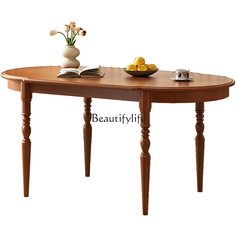 

French Retro Solid Wood Dining Table Small Apartment Living Room Home Oval Table