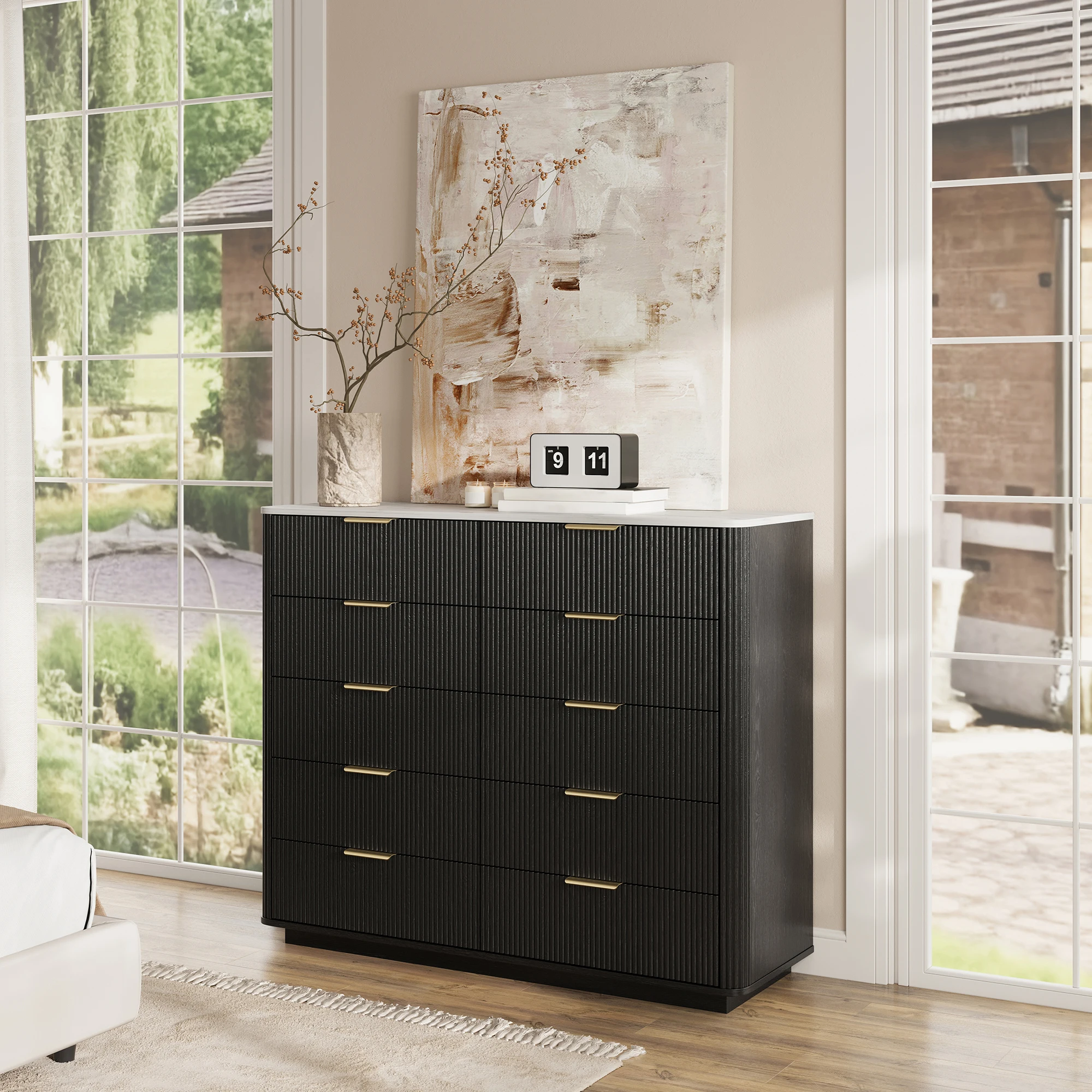 خزانة مخددة 39.3 بوصة مع خزانة طويلة للتخزين لغرفة النوم 10 أدراج خزانة مزرعة منتصف القرن لغرفة المعيشة وغرفة النوم