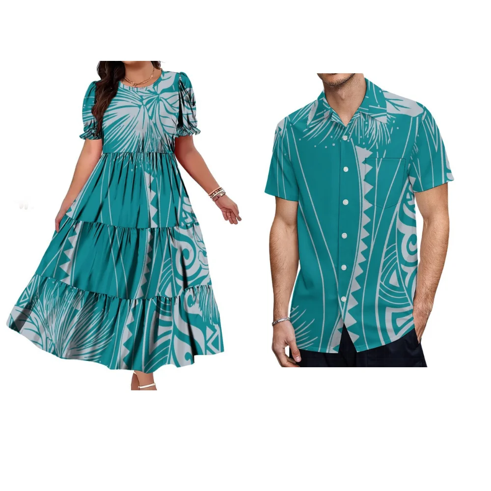 Polynesian Custom-Made Couple Outfits Round-Neck Short-Sleeved Long Waist-Cinching Pleated Women'S Dresses And Men'S Shirts