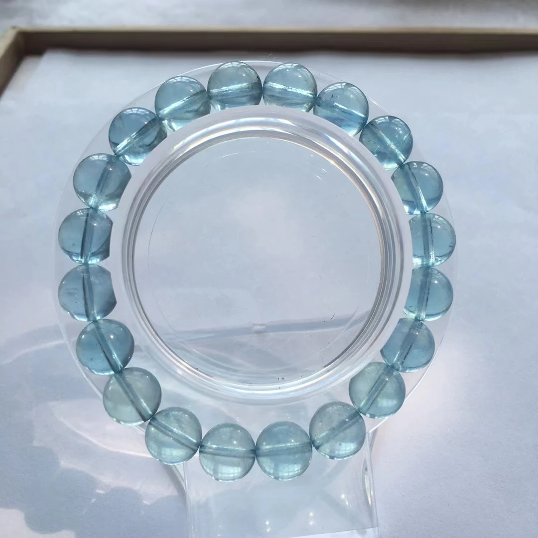 Natural Blue Aquamarine Clear Round Beads Bracelet 9.5mm Women Men Brazil Stretch Blue Aquamarine Jewelry AAAAA