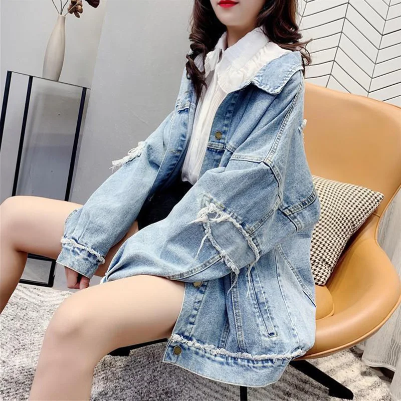 2023 New BF Style Casual Loose Fall Denim Wash FrayedCoat Women Long Slleve Jean Jacket Denim Jackets Soild Oversize Outerwear