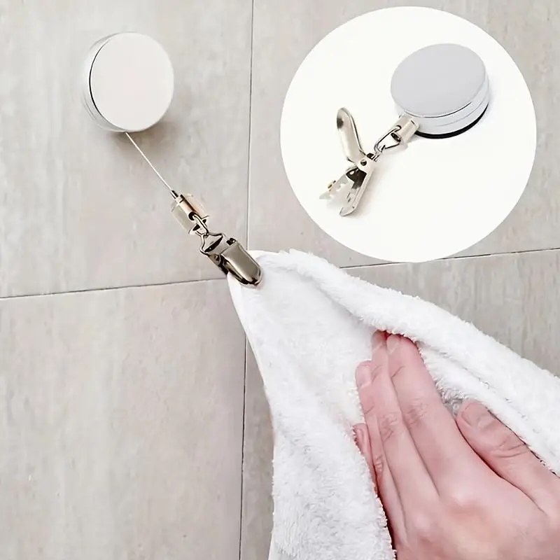 

1PC Automatic Retractable Towel Rack No-Drill Self-Adhesive Wall Mounted Hand Towel Holder with Stainless Steel Cable Clamp