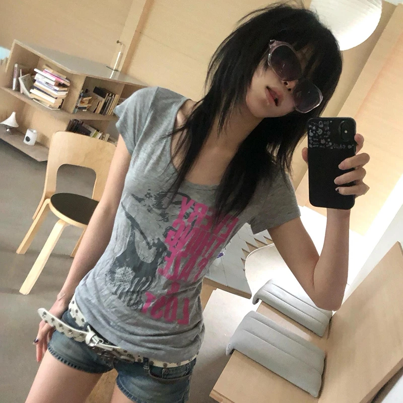 Trashy Y2k Letter Print T-shirt Grunge Aesthetics Short Sleeve Portrait Tops Vintage Punk Streetwear American Retro 90s