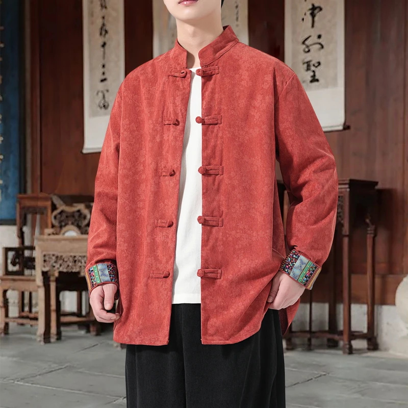 

M-XXXXXL Plus Size Men's Chinese Style Plum Blossom Print Corduroy Jacket Stand Collar Frog Buttons Spring Autumn Vintage Coat