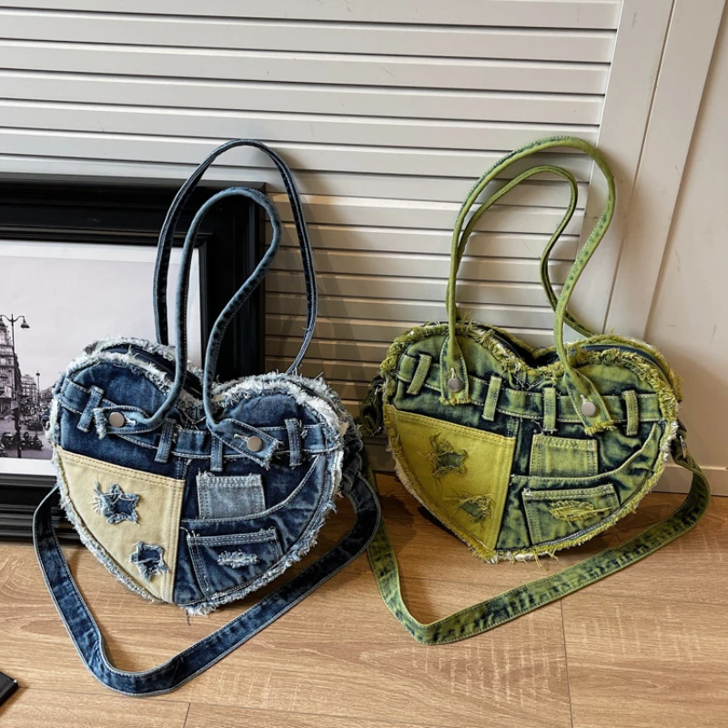 

Distressed Denim Canvas Crossbody Shoulder Bag,Vintage Heart Shape Women Underarm Tote Bag,Large Capacity Casual Messenger Bag