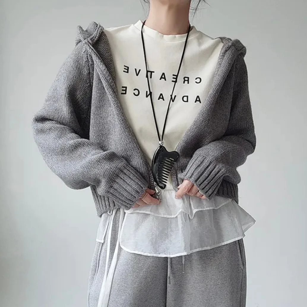 

Women's Chic Knitted Sweater Double Zipper Hooded Open Cardigan Outerwear Lazy Sle Autumn Winter Design Gentle Faion