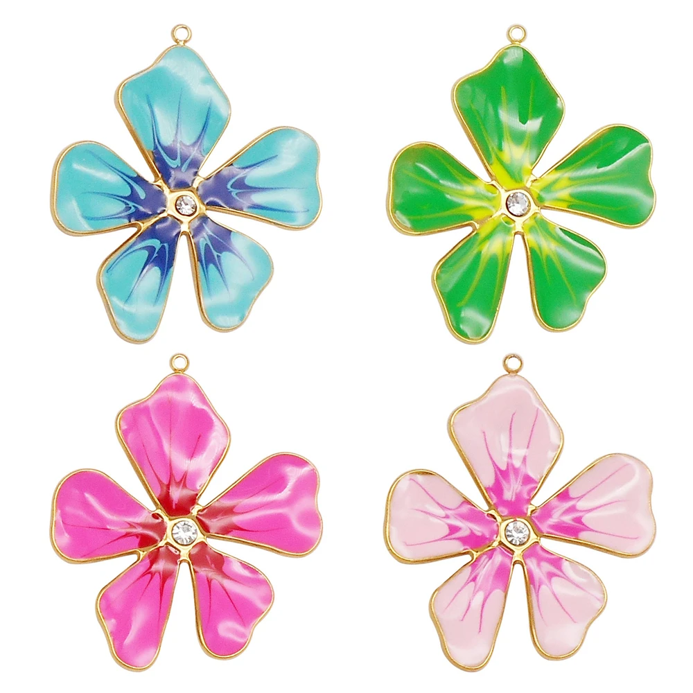 1/4PCS Stainless Steel Enamel Flower Charms Five-Petal Blossom Floral Pendants for Jewelry Making DIY Crafts Decor 39x32.5mm
