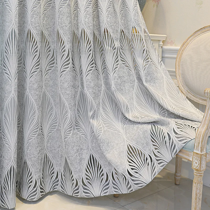 Gray Simple Modern Leaf Gauze Curtains for Living Dining Room Bedroom Translucent Opaque Semi-blinds