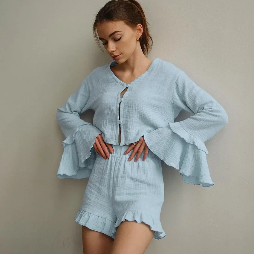 

Summer Blue 100% Cotton 2-Piece Sets Bubble Sleeve Crepe Long Sleeve Cardigan Tops Shorts Set Casual Two-piece Women Outfits