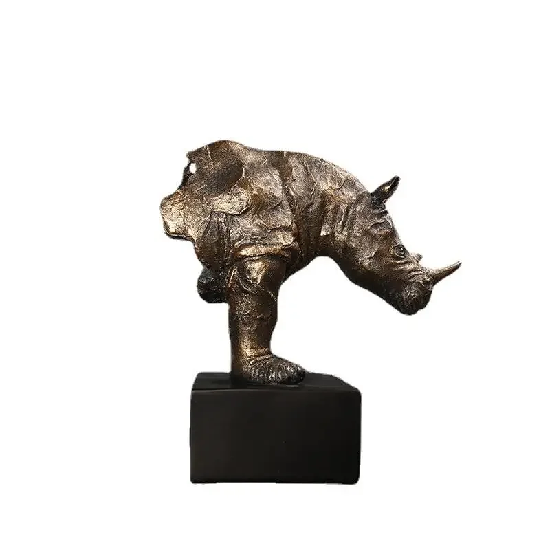 Resin Retro Rhino Animal Sculpture Office Decoration Living Room Desktop Ornament Wedding Gifts Home Decor Accessories