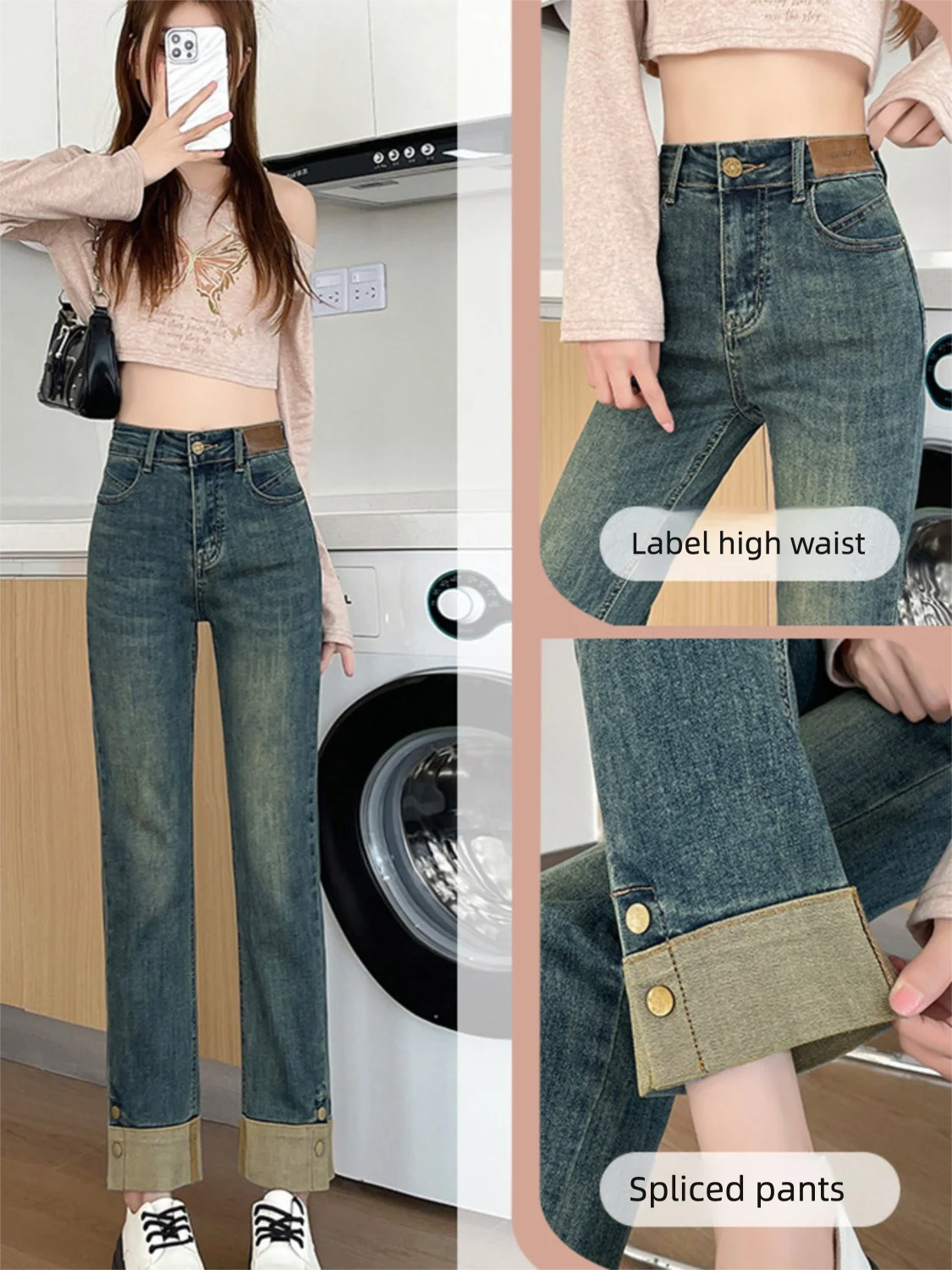 Women's Vintage Washed High Waist Jeans with Contrast Panel Cuffed Hem & Leather Patch