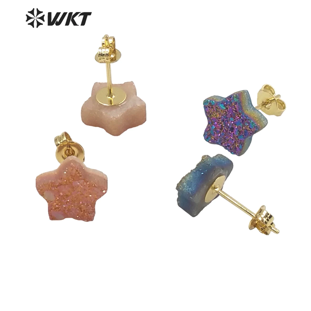 WT-E682 WKT 2025 High-Quality Star Shape Druzy Agate With Titantium Gold-Plate Earrings New SALE Jewelry Women Party Gift