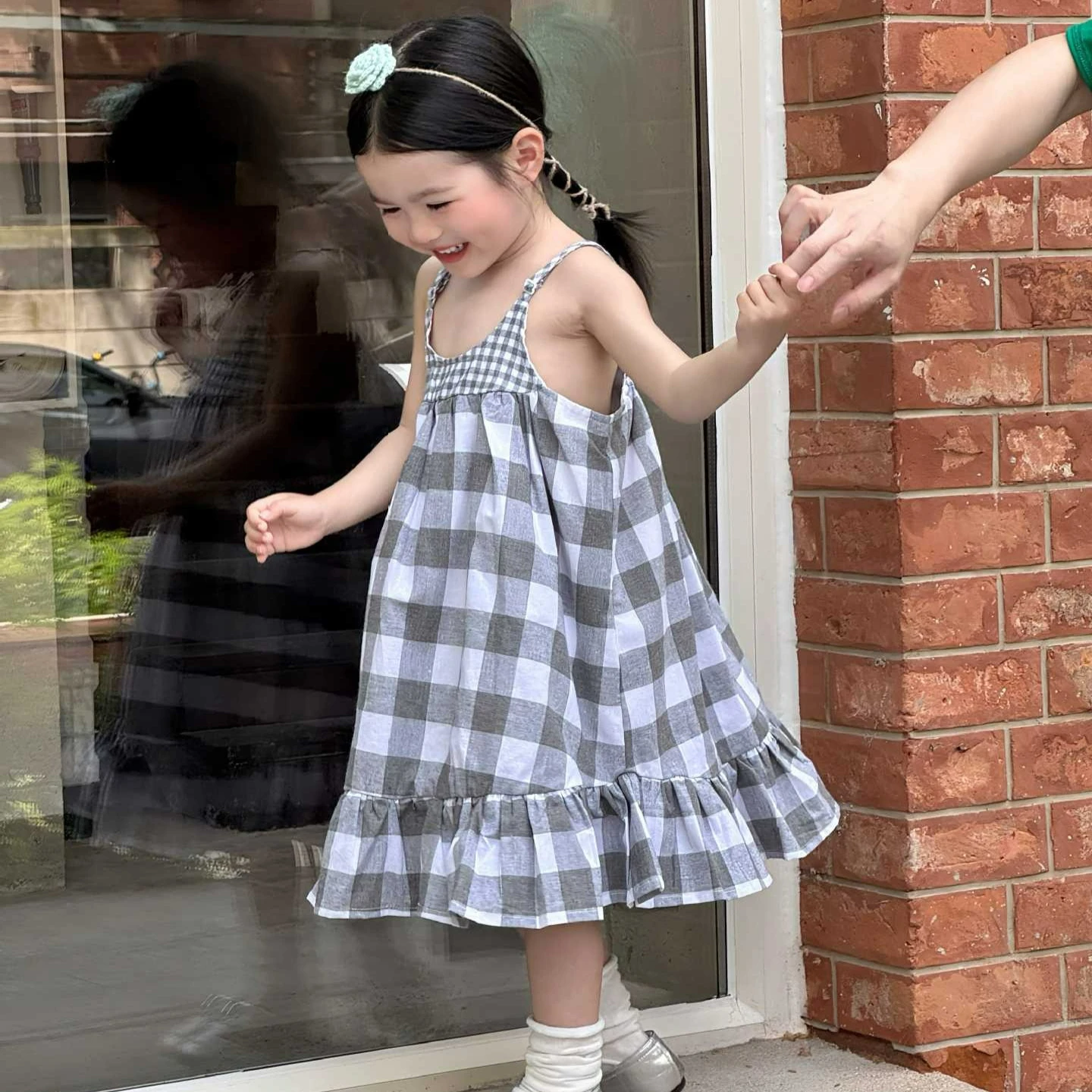 2026 Summer Korean Girls Forest Style Plaid Mesh Splicing Ruffle Hem Princess Cami Dress Kids Vacation Sundress