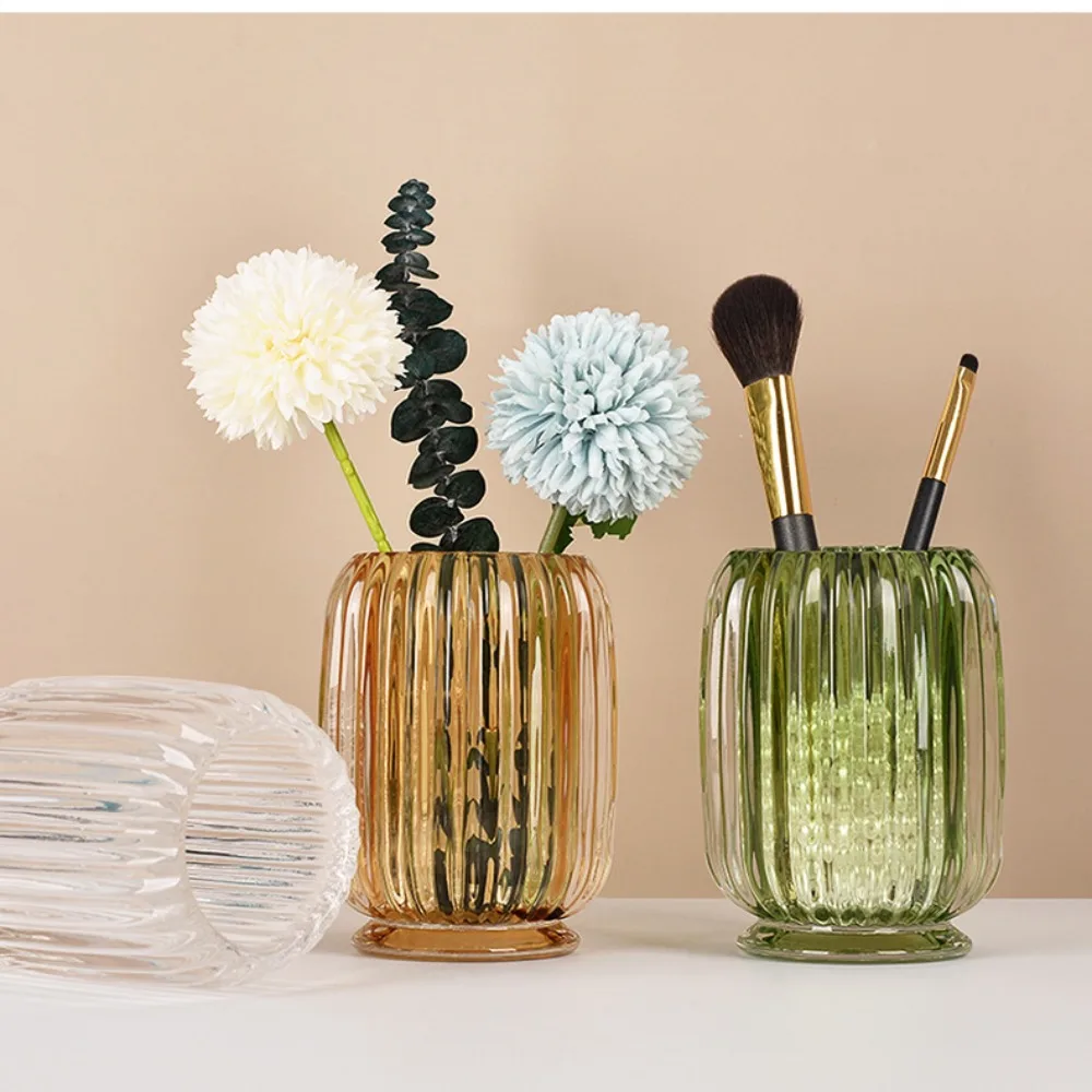 Vertical Stripe Glass Pen Holder Creative Ins Makeup Brush Bucket Dresser Ornaments Green& Amber Desktop Stationery Organizer