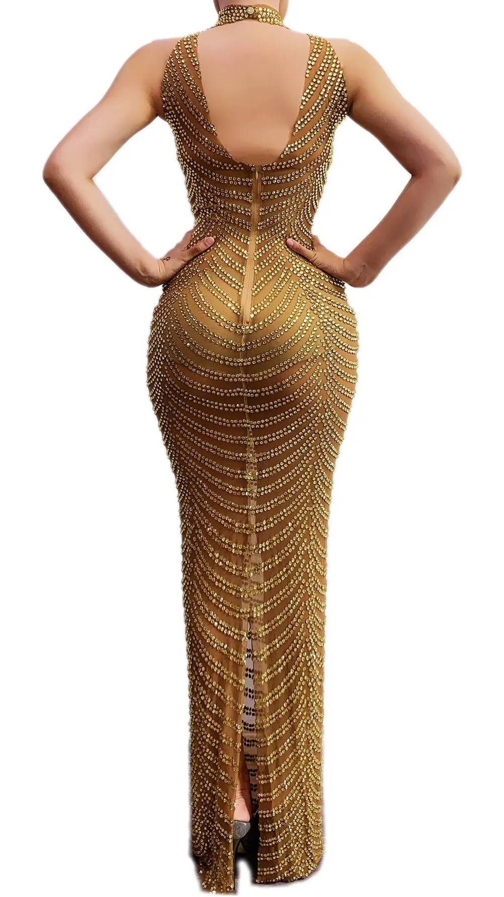 Sparkly Gold Strass Mesh Transparante Lange Jurk Vrouwen Vieren Bruiloft Avond Prom Verjaardag Jurk Zanger Sexy Stadium Slijtage