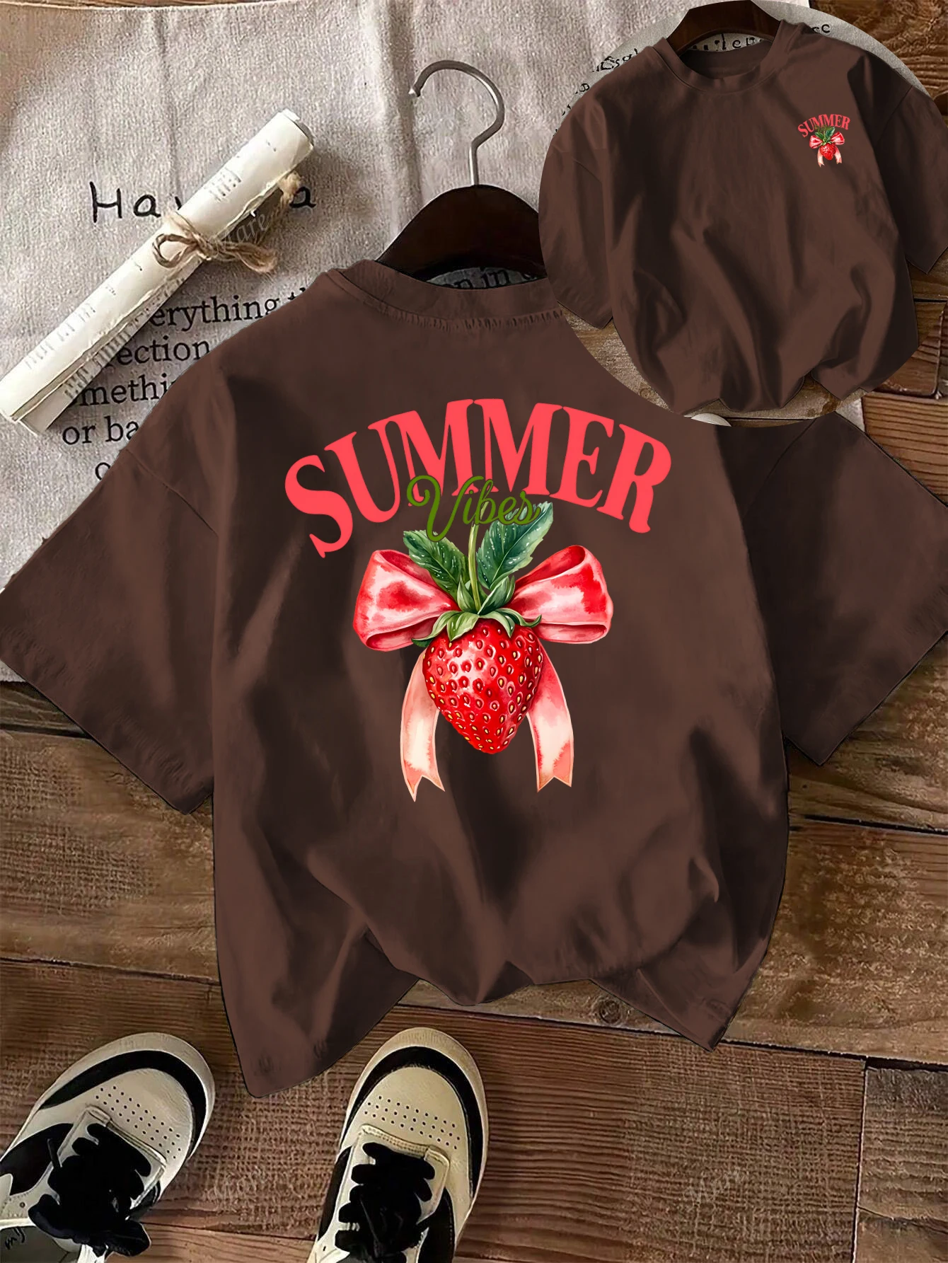 

Summer Bow Strawberry Printing Woman T Shirts Hip Hop All-Match Sportswear Casual Cotton Tee Shirt Y2K Womens Short Sleeve