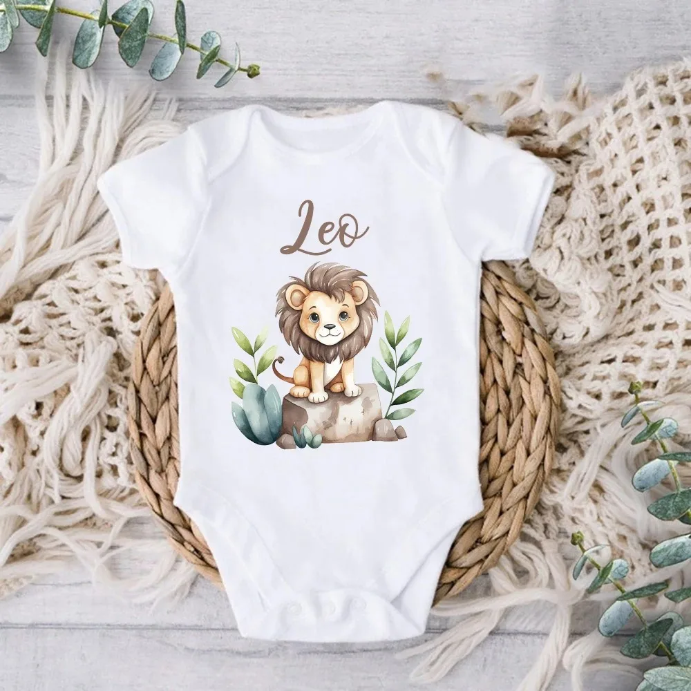 Personalised Leo with Name Baby Romper Newborn Wild One Jungle Birthday Party Bodysuit Cute Toddler Jumpsuit Infant Shower Gift