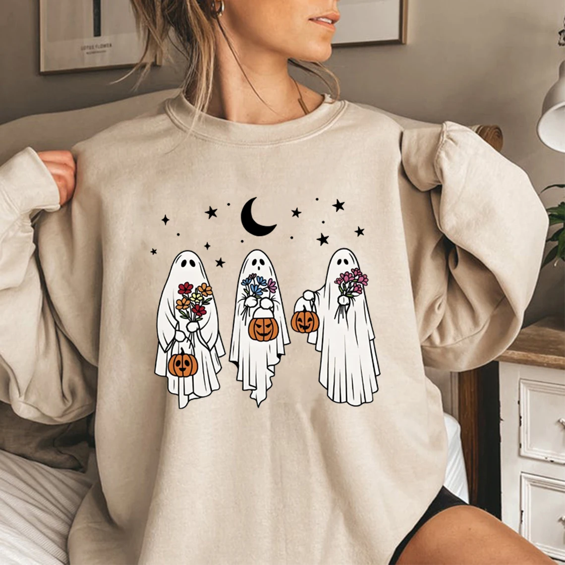 Vintage Halloween Ghost Sweatshirt Floral Retro Spooky Pumpkin Sweatshirts Women Long Sleeve Pullover Womens Halloween Hoodies