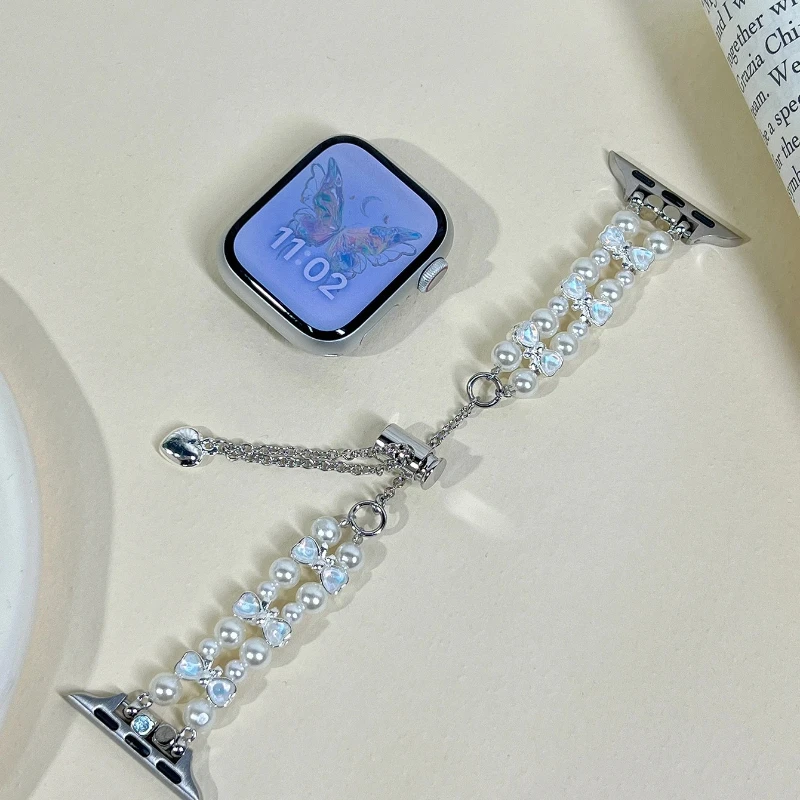 

Совместимый ремешок для Apple Watch с белым жемчугом и бантом, для серий 8, 7, 6, 5, 4, 3, SE, Gen 38/40/41 мм, 42/44/45/46/49 мм