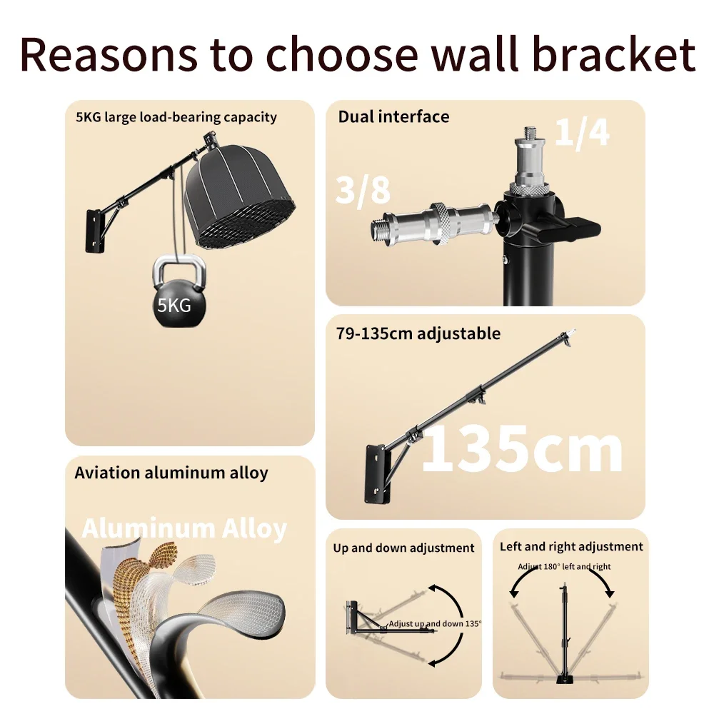 Support de projecteur à bras de flèche mural lourd, 170cm 135cm, pour Studio de photographie, boîte à lumière, anneau lumineux vidéo stroboscopique