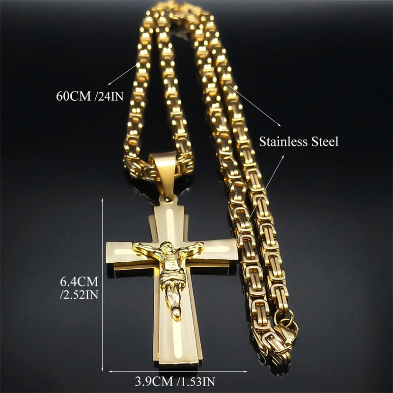 Male Punk Cross Necklace for Women Men Stainless Steel Gold Color Jesus Crucifix Chain Boyfriend Gift Jewelry collar N2342S06