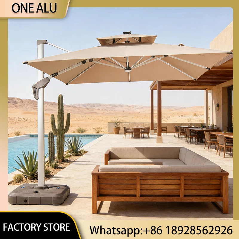Double Tier Patio Umbrella with Base, 280g UV50+ Woven Polyester Outdoor Parasol, Silver Aluminum Pole,Garden & Hotel