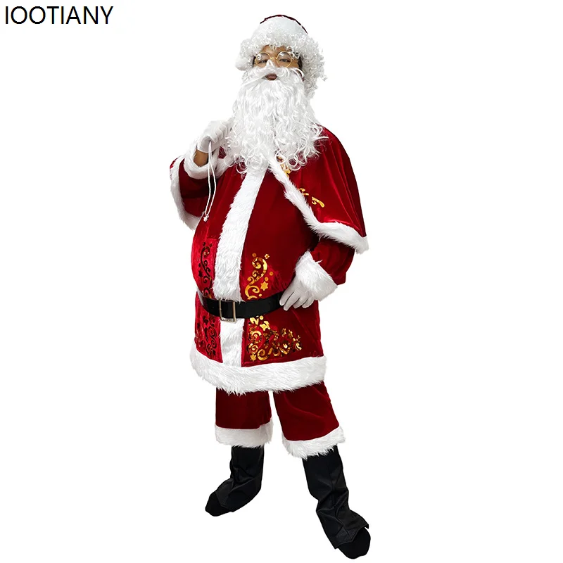 أزياء كوسبلاي للجنسين سانتا كلوز التأثيرية أزياء أداء عيد الميلاد ملتحية رجل عجوز مرحلة تظهر فستان مخملي ذهبي