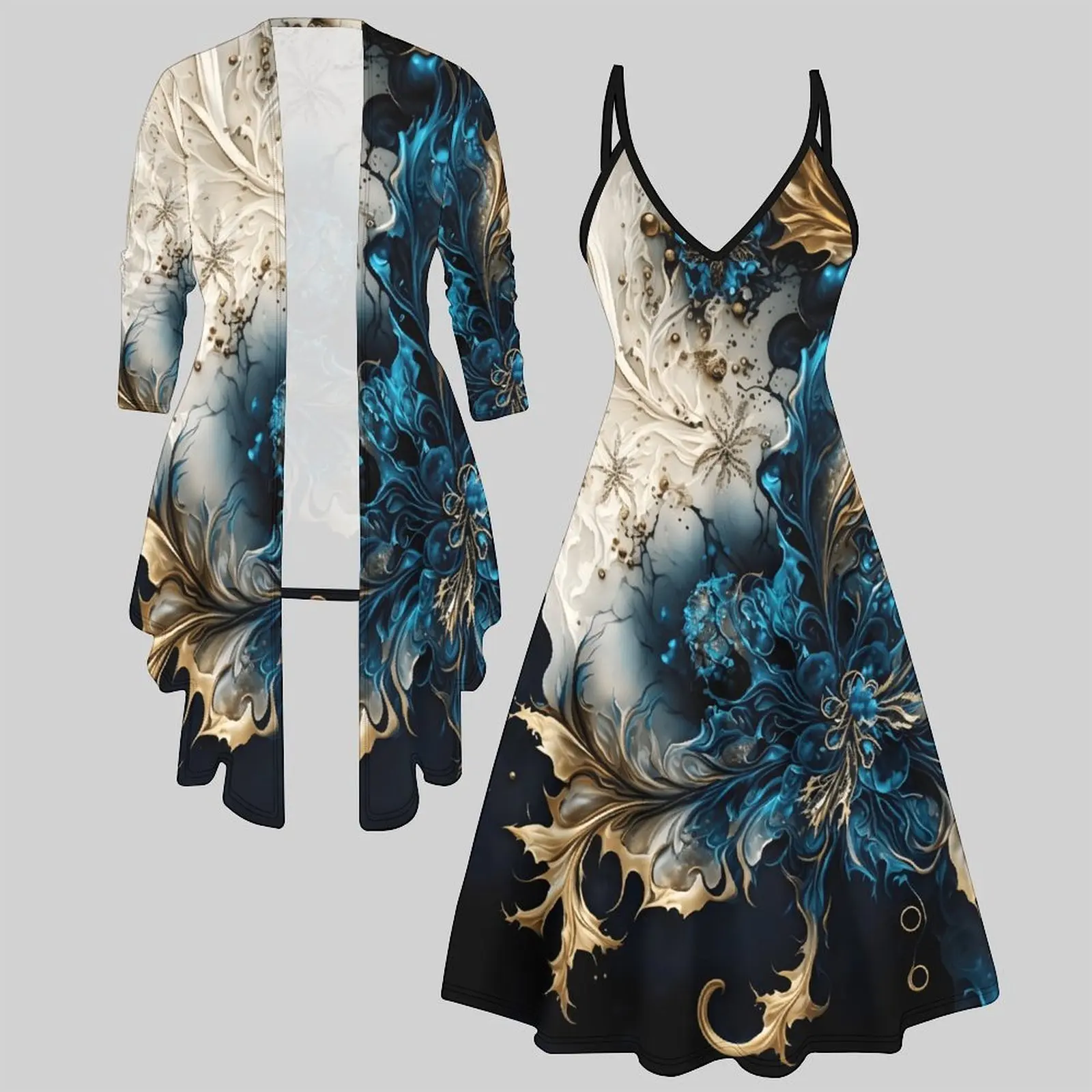 Women Print 2 Piece Matching Outfit V Neck Spaghetti Strap Flowy Midi Slip Dress 3/4 Sleeve Irregular Long  Cardigan