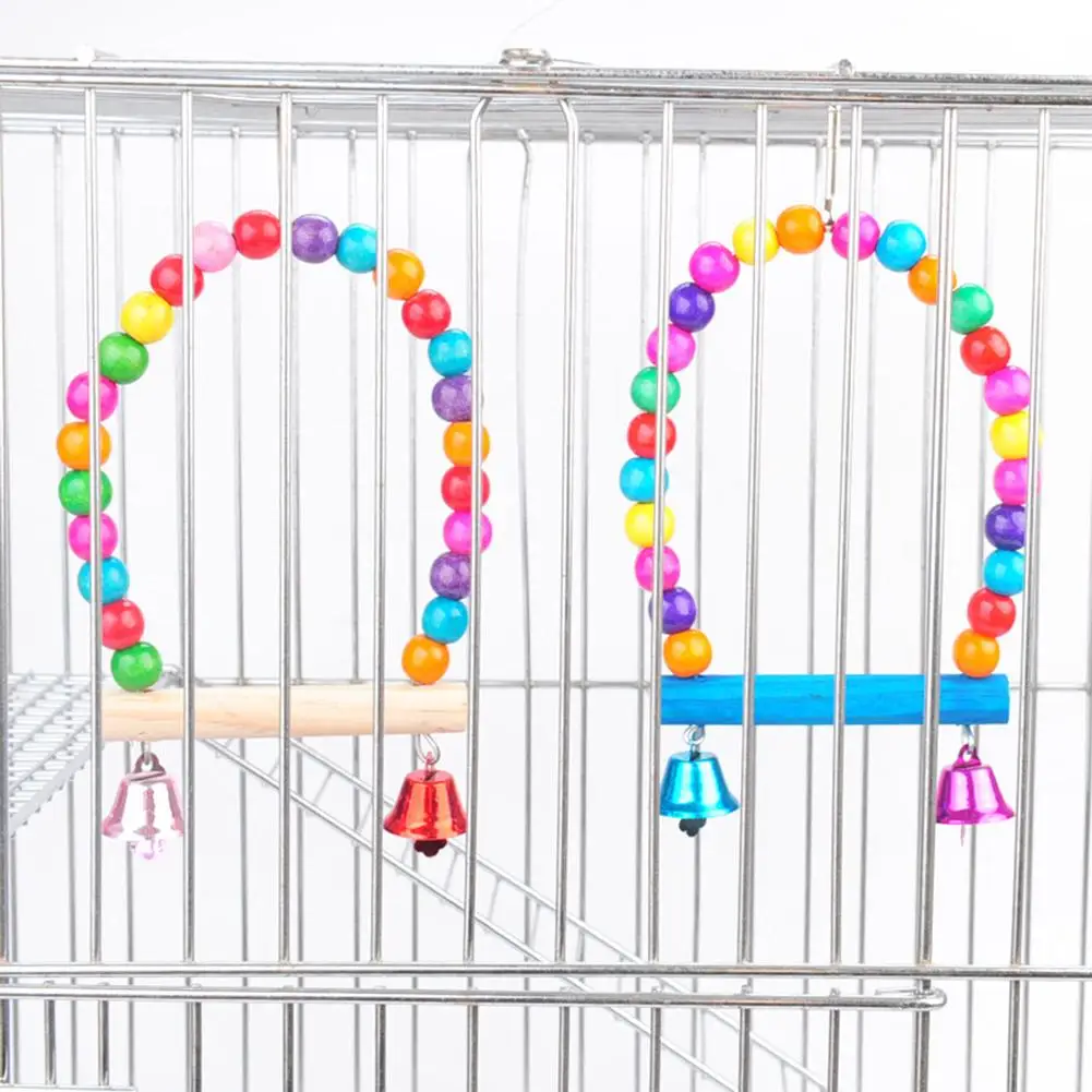 ไม้ธรรมชาติที่มีสีสันแขวนชิงช้า Perch ขาตั้งชามอาหารนกพร้อมกระดิ่งสำหรับ Hamsters Gerbils หนูนกแก้ว