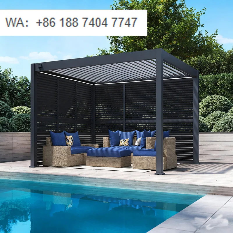 Outdoor Bioclimatic Pergola Aluminum Louvered Roof Electric Sunshade with LED Lights for Swimming Pool