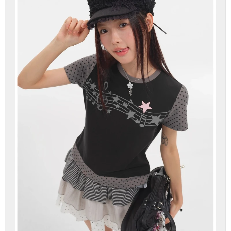 التصميم الياباني الأبيض Y2K الموسيقى ملاحظة ستار خارج الكتف قصيرة الأكمام المرأة تي شيرت جديد التخسيس تنوعا تي شيرت قصير السيدات #6