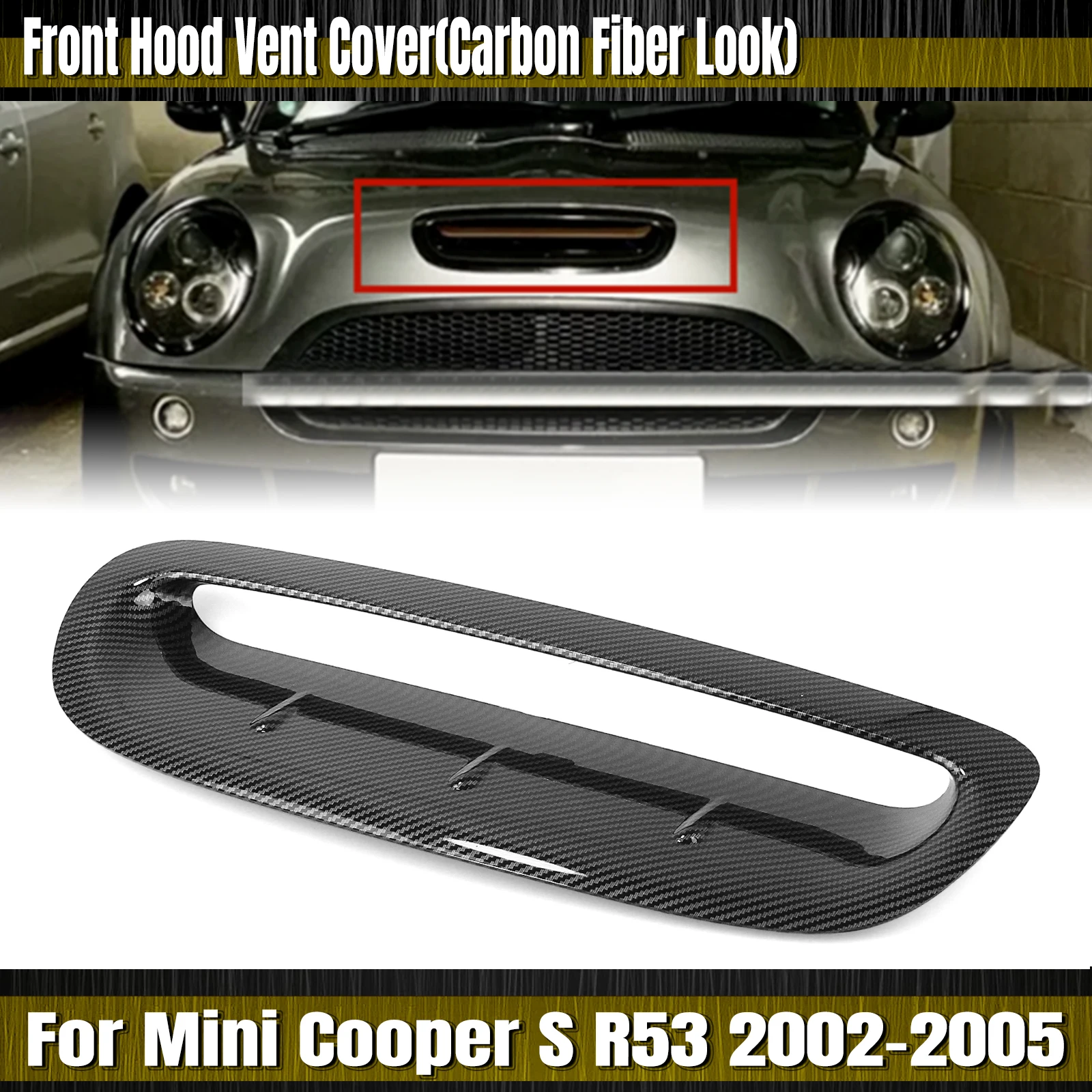 For Mini Cooper S R53 R50 2002 2003 2004-2006 Front Air Hood Engine Bonnet Scoop Vent Outlet Cover Carbon Fiber Look/Gloss Black