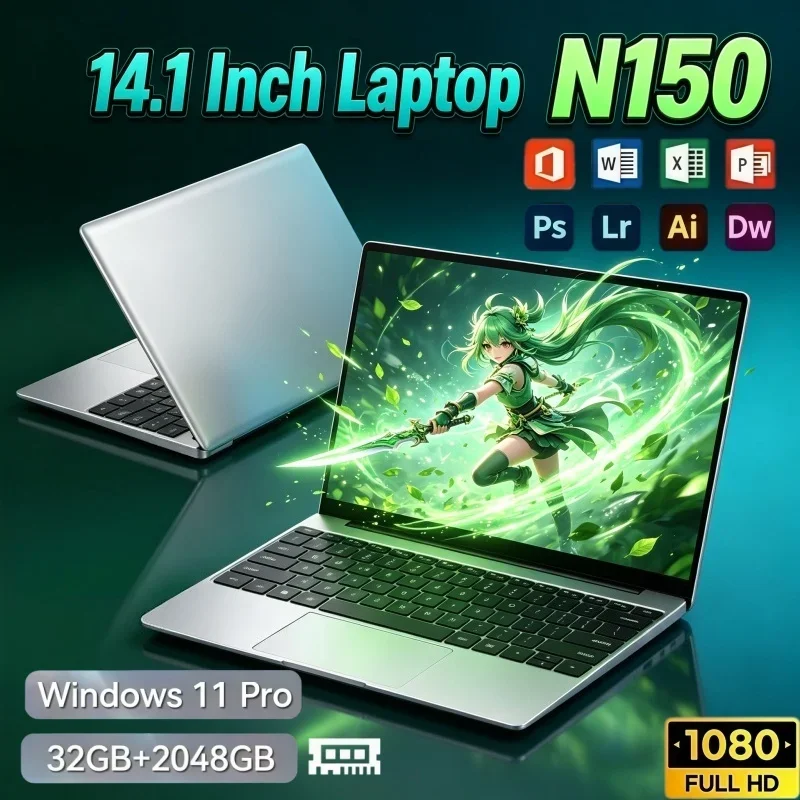 14.1 Inch High Performance Notebook Intel N150 32GB RAM 2TB SSD Windows 11 Built‑in Office Portable Business Gaming Home Daily