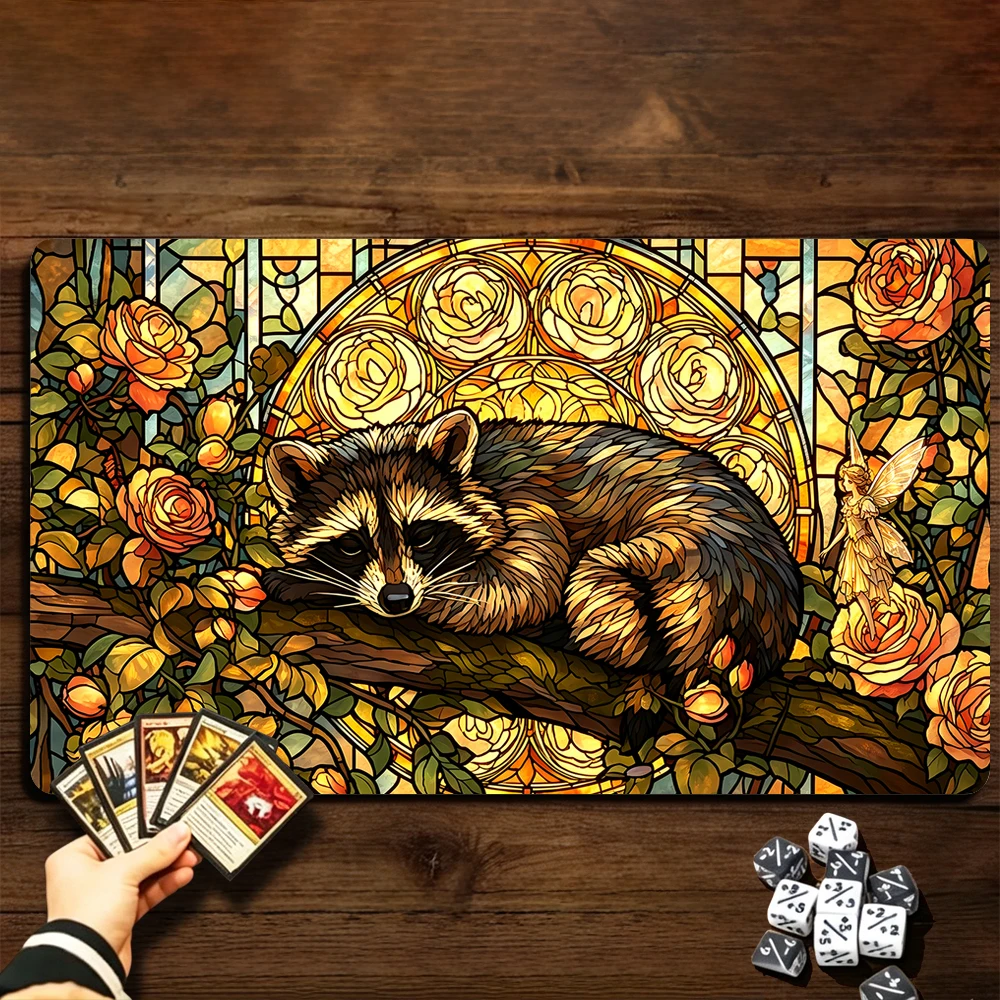 Cute Stained Glass Raccoon TCG Playmat Magic Playmat Gathering Gaming Mat Stitched Edge Anti-slip base 60X35cm Trading Card Game