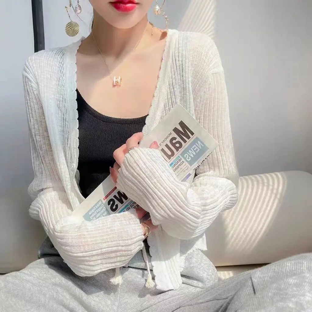 Kardigan Rajut Sutra Tipis Musim Panas Wanita, Rok Pendek Pelindung Sinar Matahari dengan Tali Selempang, Mantel Kecil, Selendang, Atasan Luar