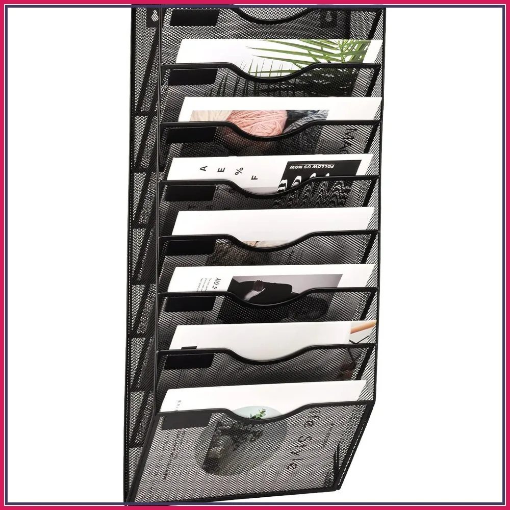 

8 Pocket Mesh Wall File Organizer, Hanging Document Holder with Name Tag Labels for Office Home School, Black