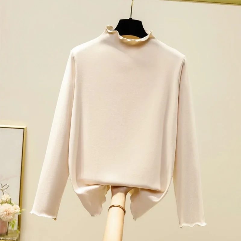 

2025 Autumn Winter Ruffles Turtleneck Warm Large Size T-shirt Korean Style Simple Base Layer Tops Female Solid Casual Soft Tee