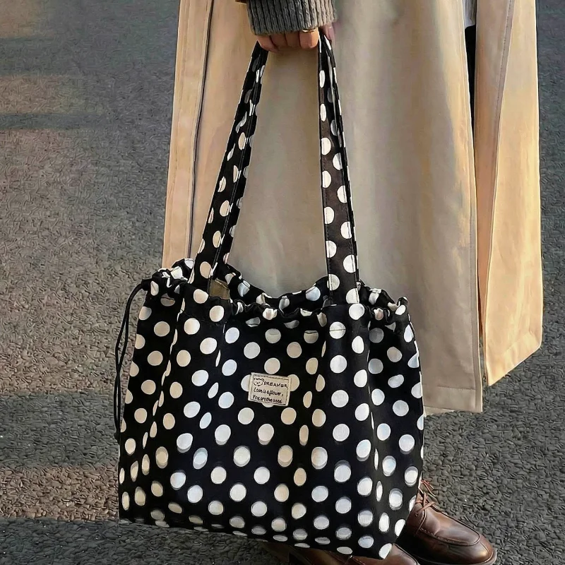 

Korean Polka Dot Canvas Tote Bag Versatile Large Capacity Student Shoulder Bag Eco-friendly Breathable Supermarket Shopping Bag