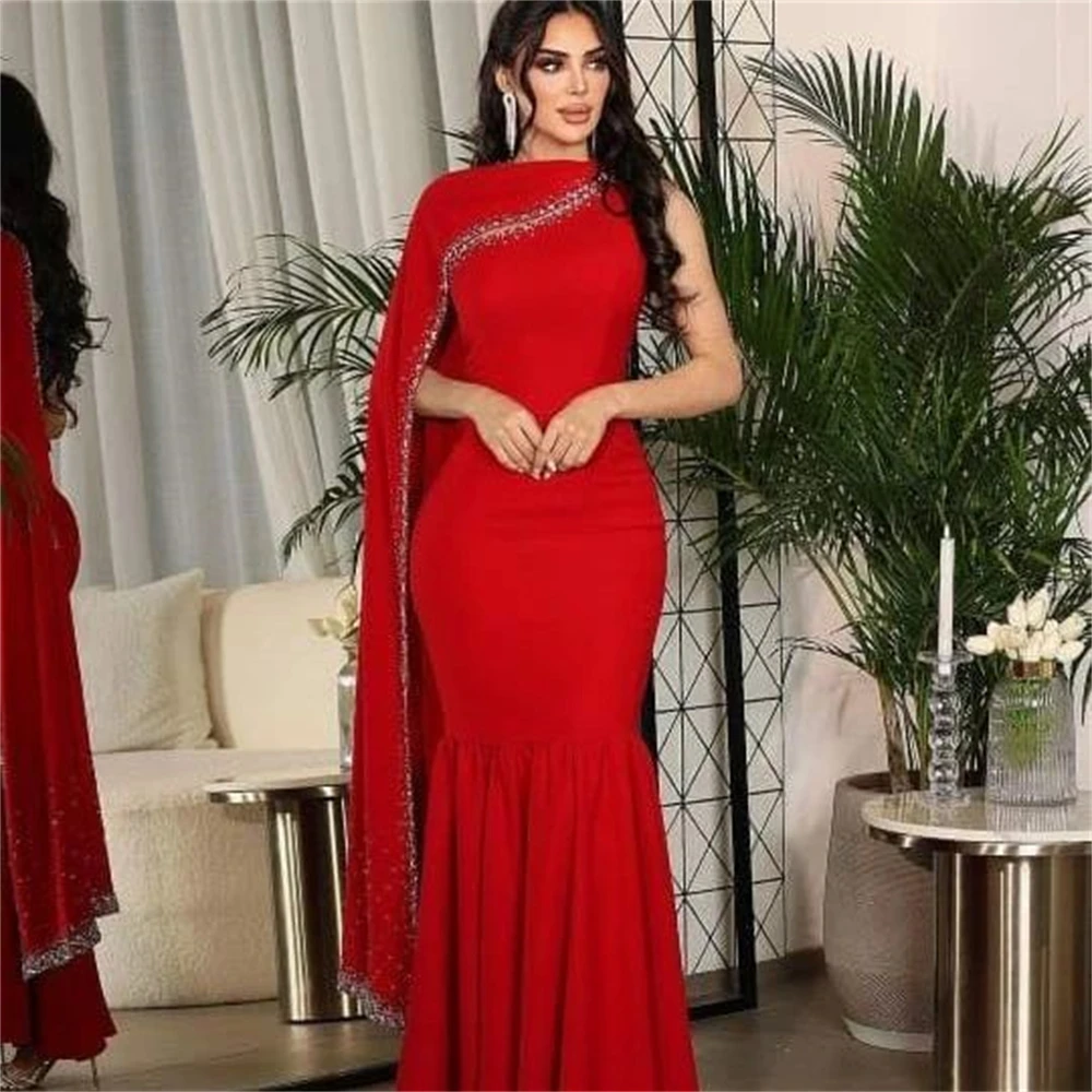 

Noble Red High Neckline Prom Dress Ankle Length With Short Sleeves Evening Summer Party Dress For Women2023