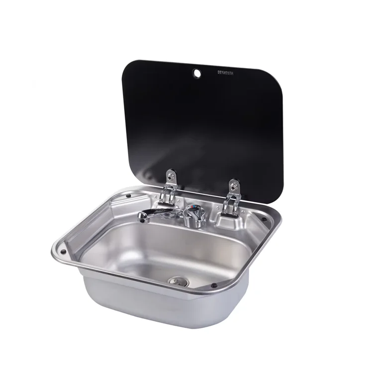 

Yacht Boat Camper Motorhomes RV Caravan Stainless Steel Basin Sink With Glass Lid And Tap Faucet Dometic 420*370*145mm